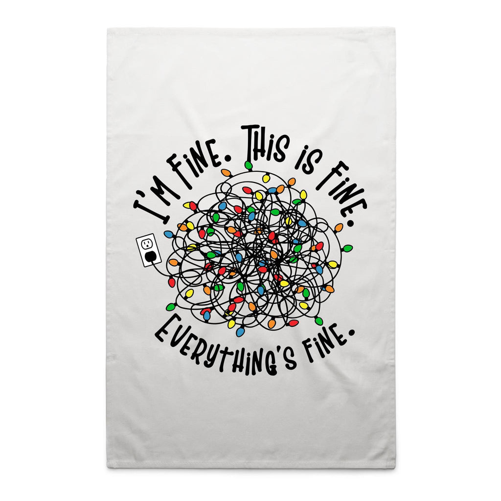 Tangled Christmas Lights, I'm Fine, This Is Fine, Everything's Fine - AS Colour Tea Towel White One Size Christmas Tea Towel Christmas Printed In Australia