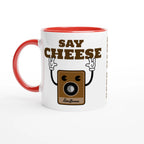 Personalised - Say Cheese, Retro Camera - White 11oz Ceramic Mug with Colour Inside Ceramic Red Personalised 11oz Mug customise Globally Fulfilled personalise Retro Tech