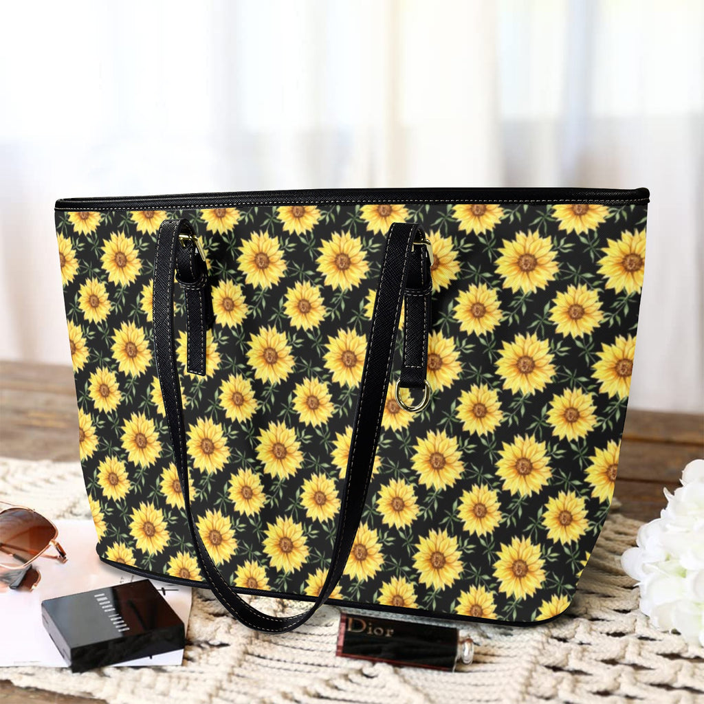 Painted Sunflower PU Leather Tote Bag Large Leather Tote Bag-Large Plants Printed Offshore
