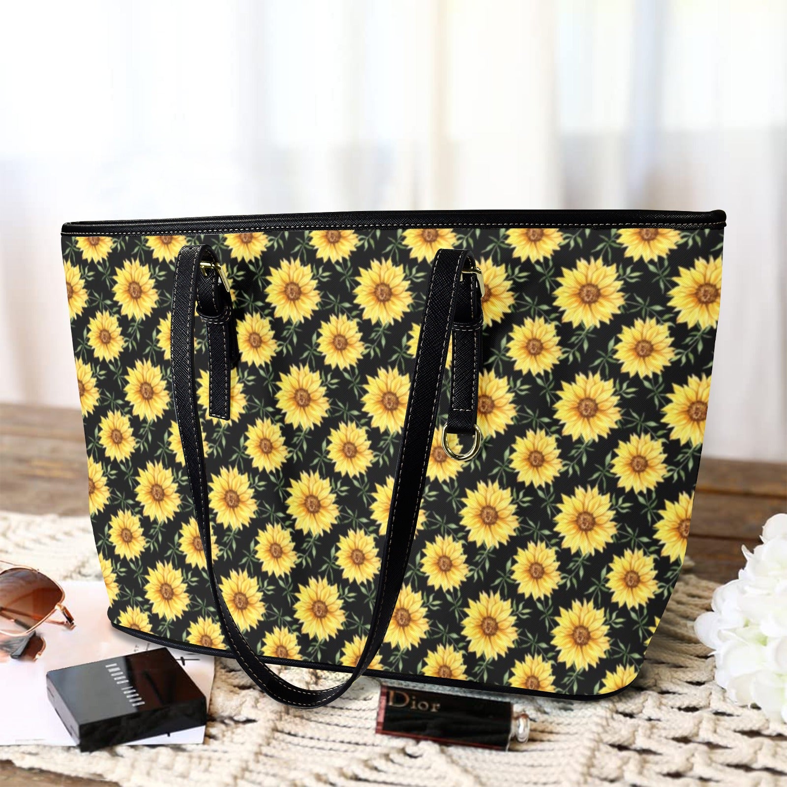 Painted Sunflower - PU Leather Tote Bag - Large