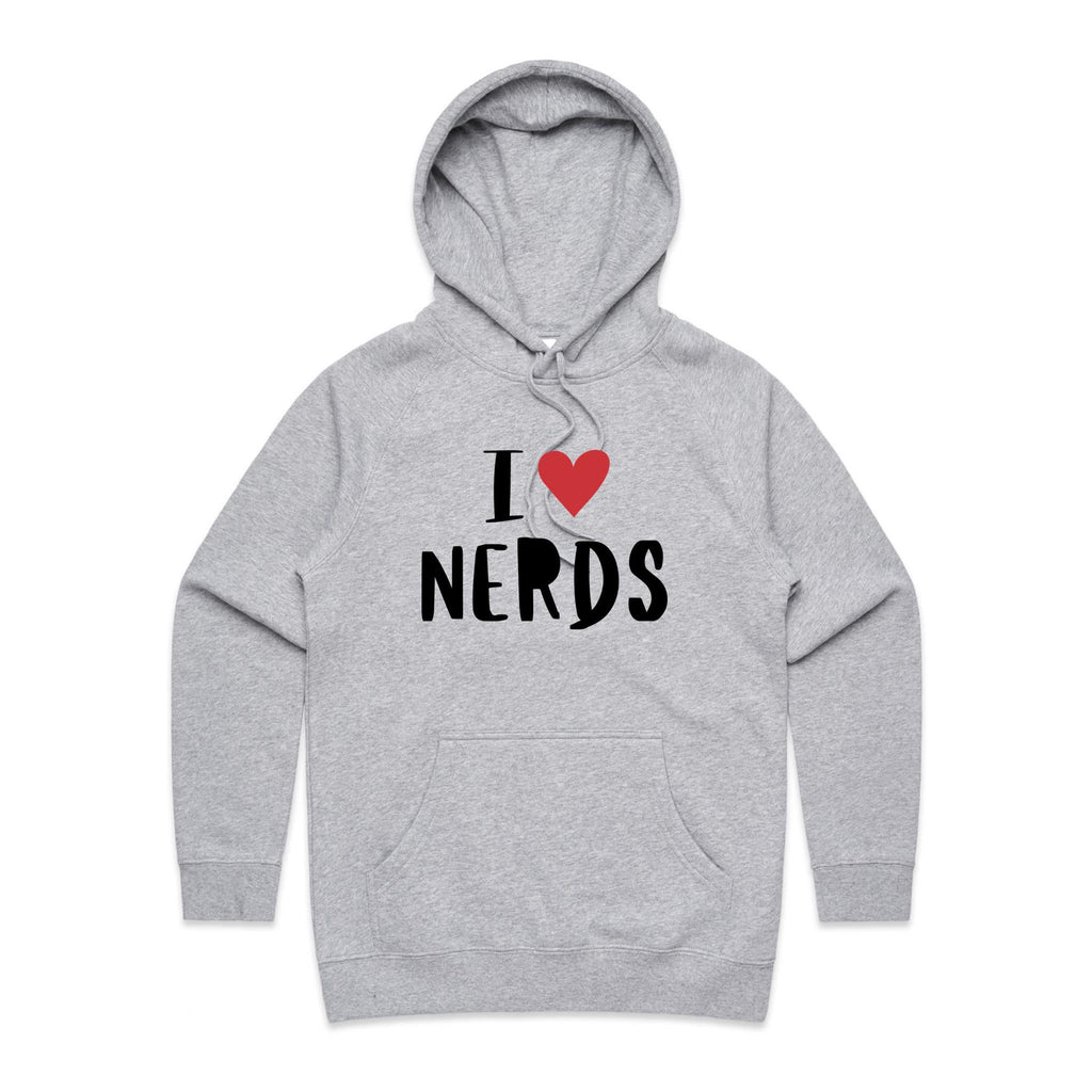 I Love Nerds, Red Heart - Womens Hoodie Grey Marle Womens Hoodie Love Printed In Australia