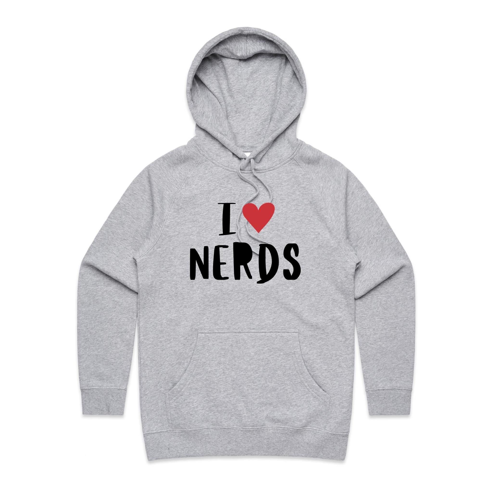 I Love Nerds, Red Heart - Womens Hoodie Grey Marle Womens Hoodie Love Printed In Australia