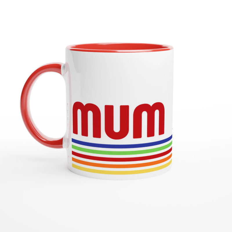 Mum Mug With Retro Stripes - White 11oz Ceramic Mug with Colour Inside Ceramic Red Colour 11oz Mug Globally Fulfilled Mum