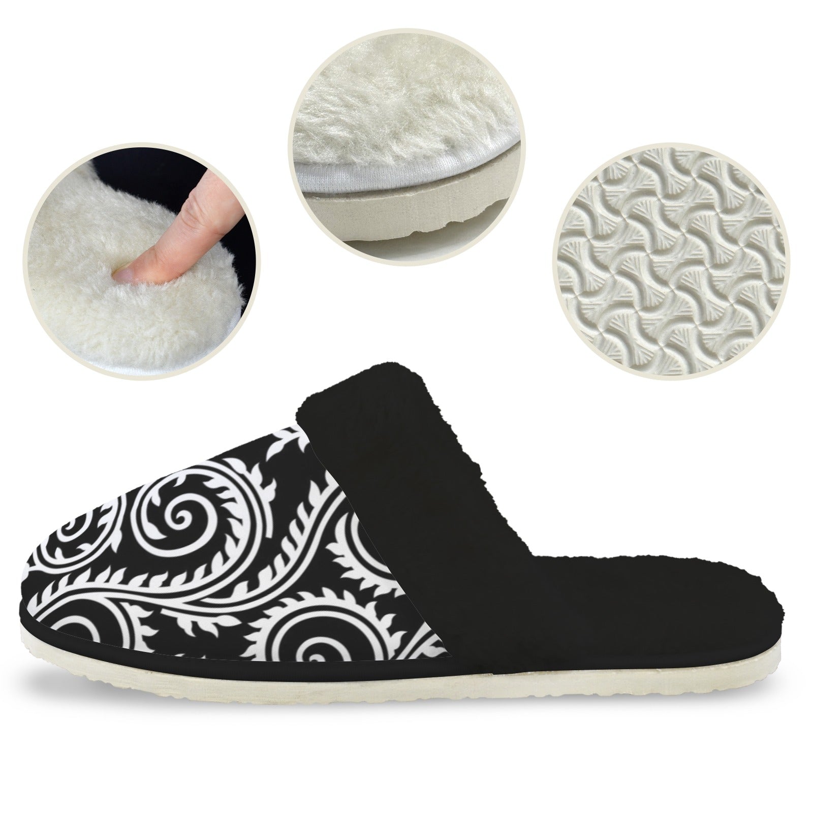 Black And White Swirl Men's Fur Trim Thick-Sole Indoor Slippers Men's Fur Trimmed Slippers Printed Offshore