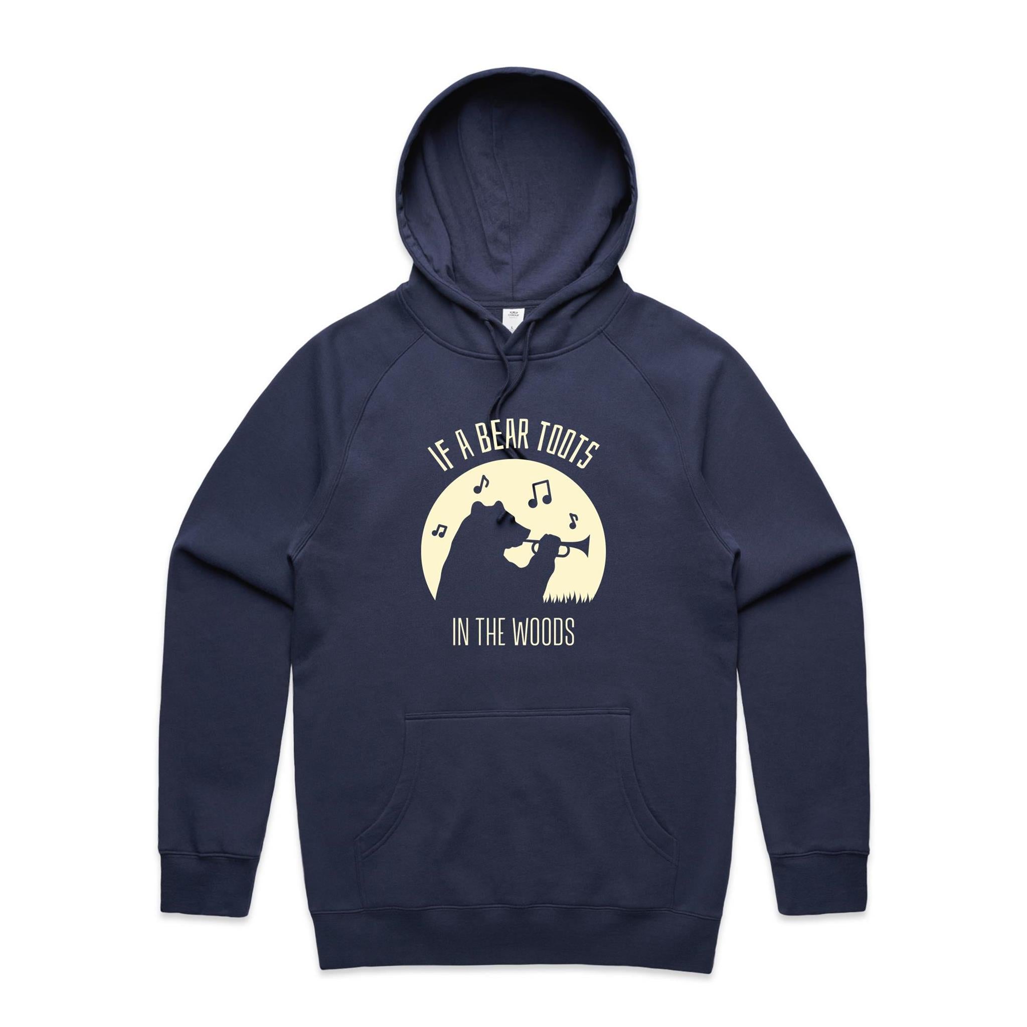 If A Bear Toots In The Woods, Trumpet Player - Mens Hoodie Midnight Blue Mens Hoodie animal Music Printed In Australia