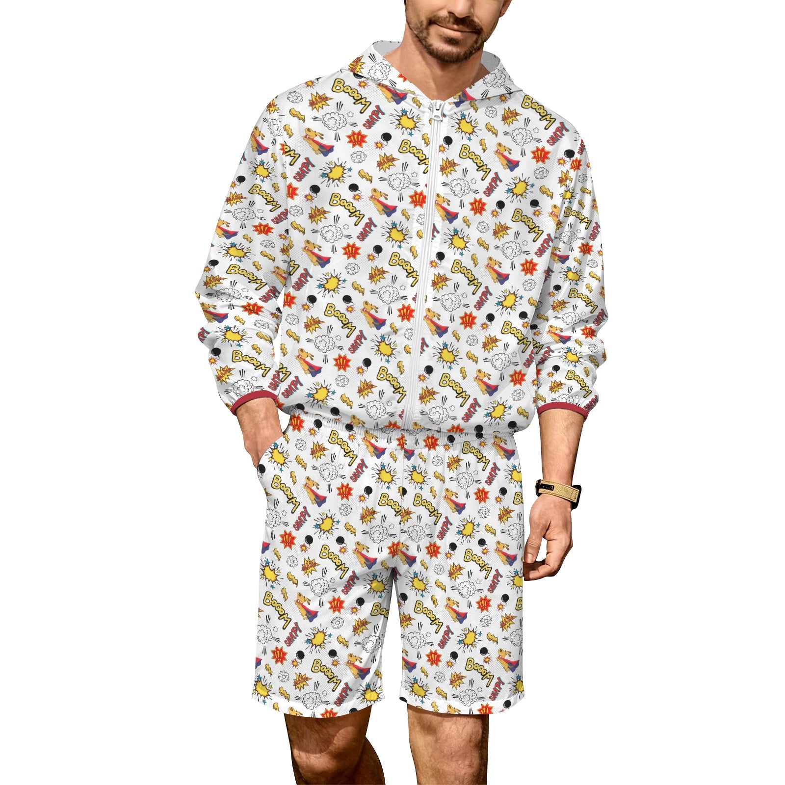 Super Dog Men's Lightweight Sun Hoodie & Shorts Set 4XL Men's Lightweight Sun Hoodie & Shorts animal comic Printed Offshore