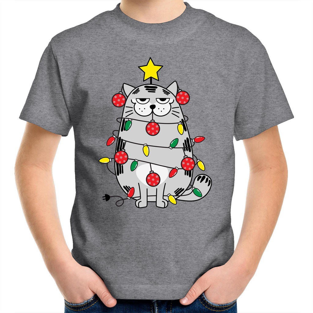 Christmas Cat - Kids Youth T-Shirt Grey Marle Kids Christmas T-shirt Christmas Printed In Australia