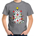 Christmas Cat - Kids Youth T-Shirt Grey Marle Kids Christmas T-shirt Christmas Printed In Australia