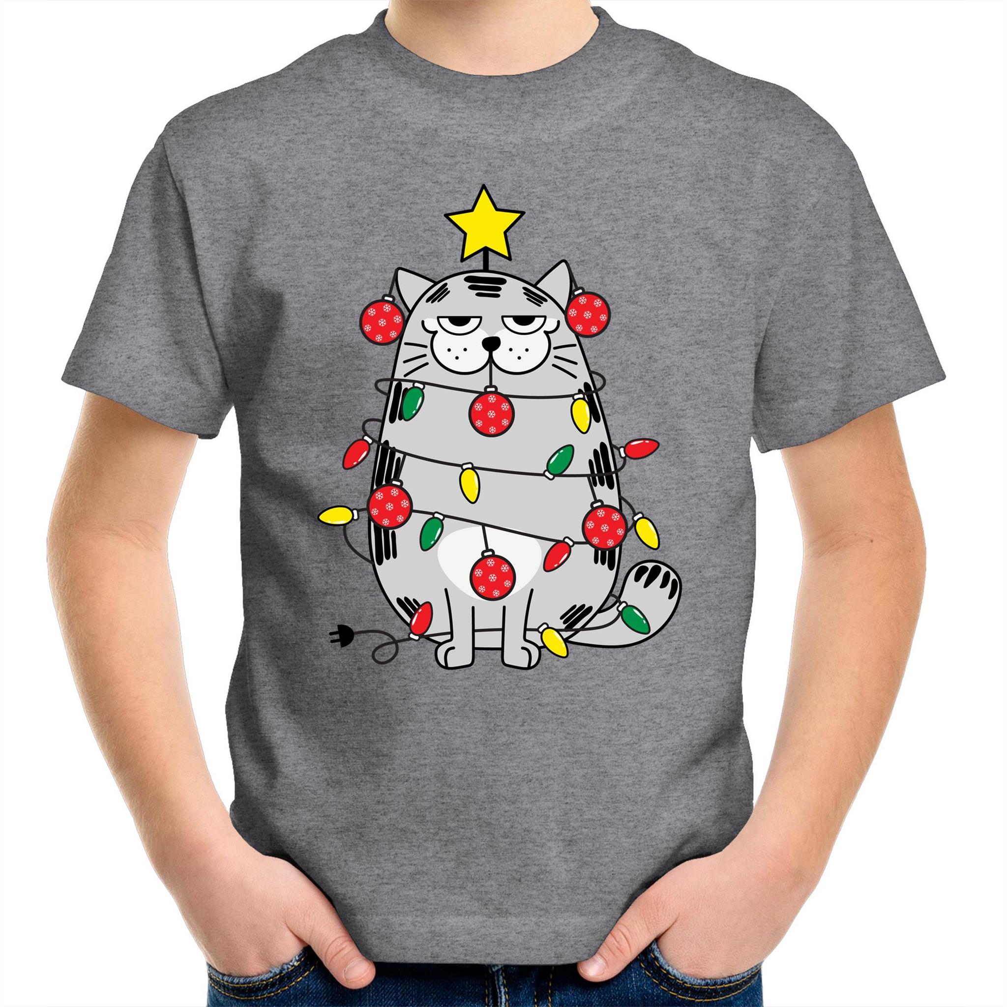 Christmas Cat - Kids Youth T-Shirt Grey Marle Kids Christmas T-shirt Christmas Printed In Australia