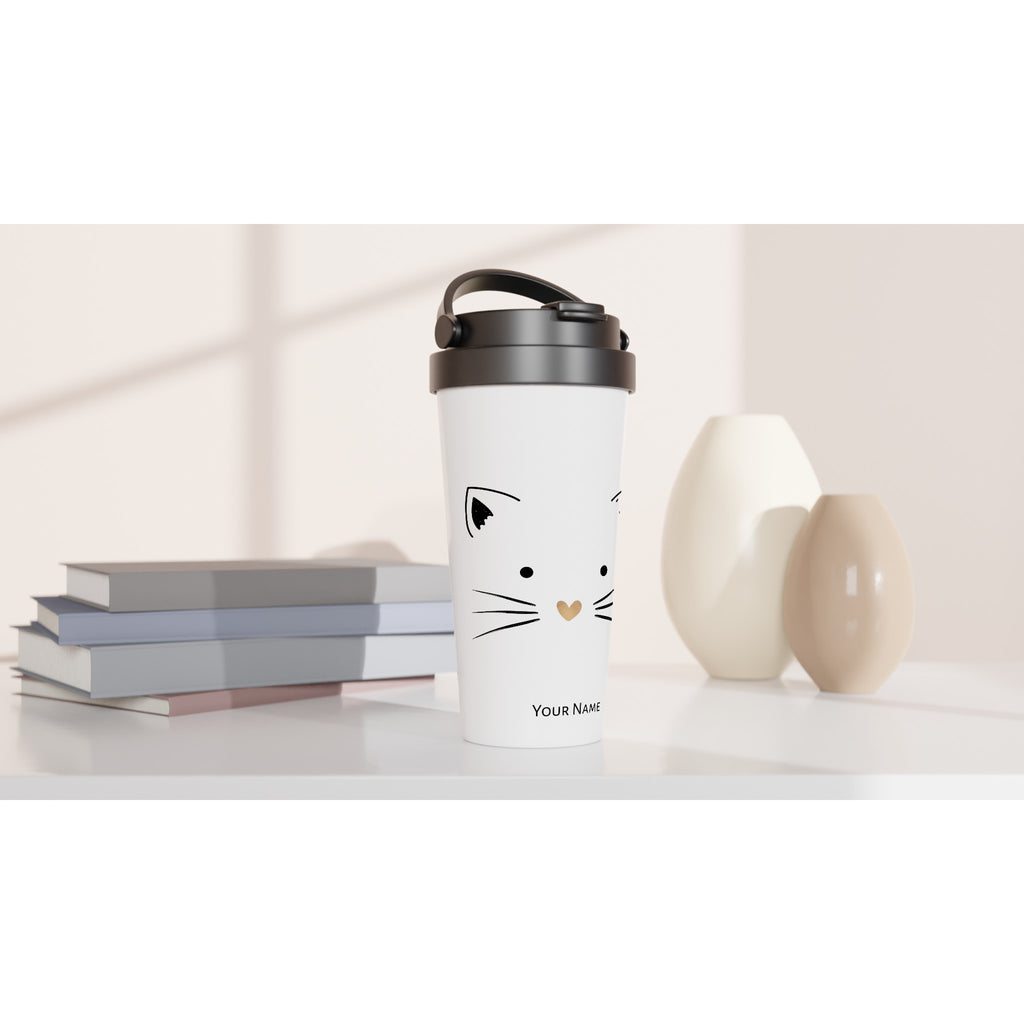 Personalised - Cat Gold Heart Nose - White 15oz Stainless Steel Travel Mug Personalised Travel Mug animal customise Globally Fulfilled personalise