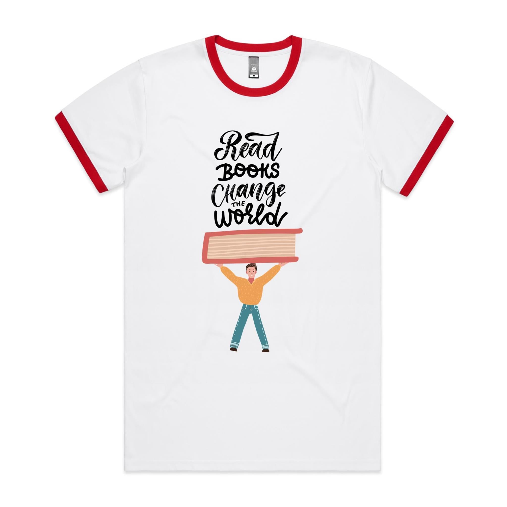 Read Books, Change The World - Staple Ringer Tee White Red Ringer T-Shirt Printed In Australia Reading