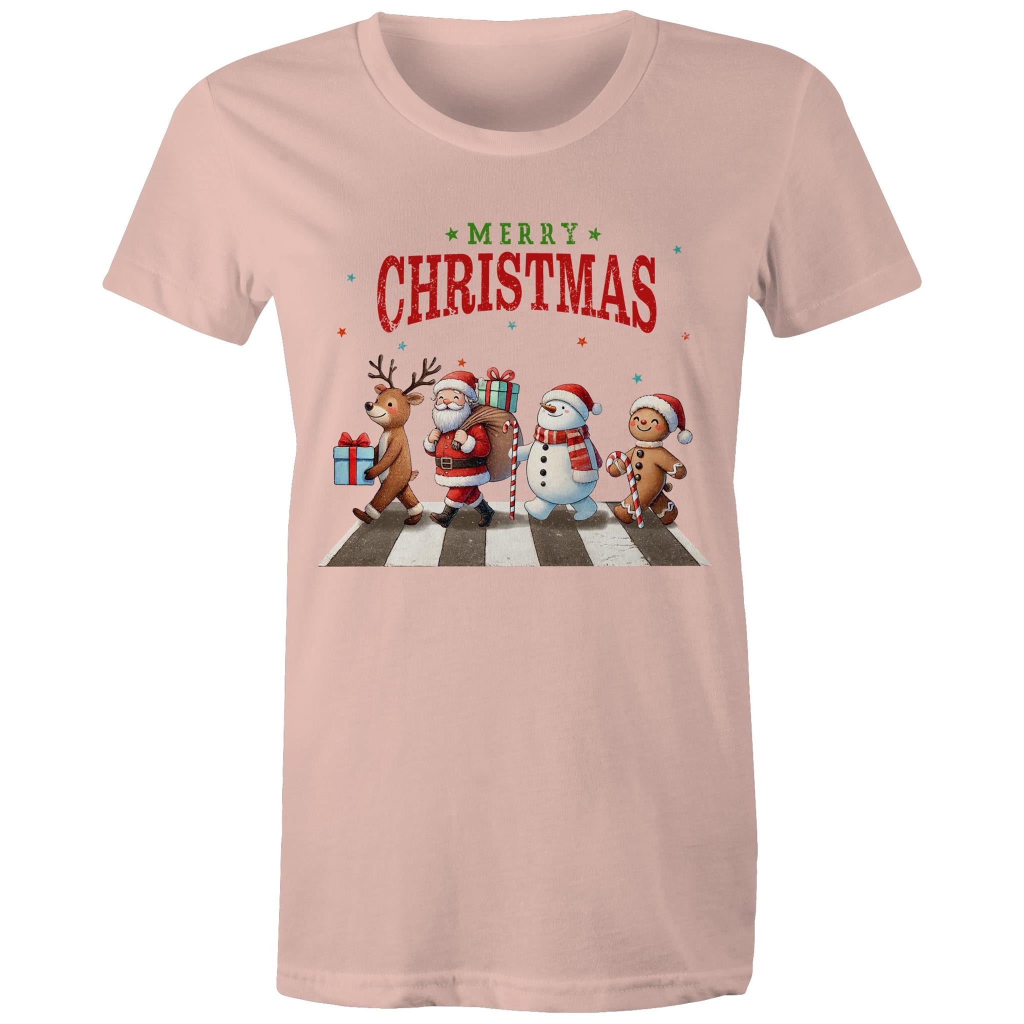 Fab Four, Merry Christmas - Womens T-shirt Pale Pink Womens Christmas T-shirt Christmas Printed In Australia