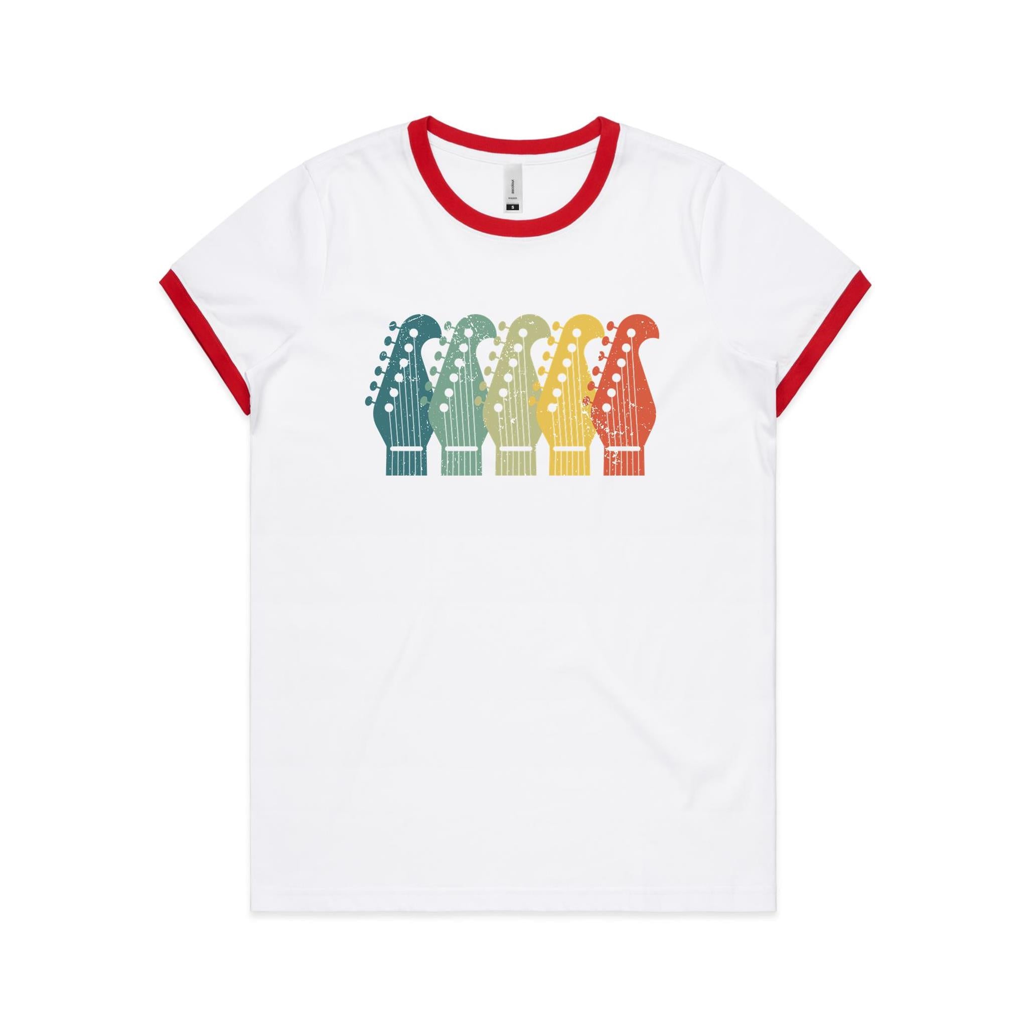 Vintage Guitar Headstocks - Women's Ringer Tee White Red Womens Ringer T-shirt Music Printed In Australia Retro