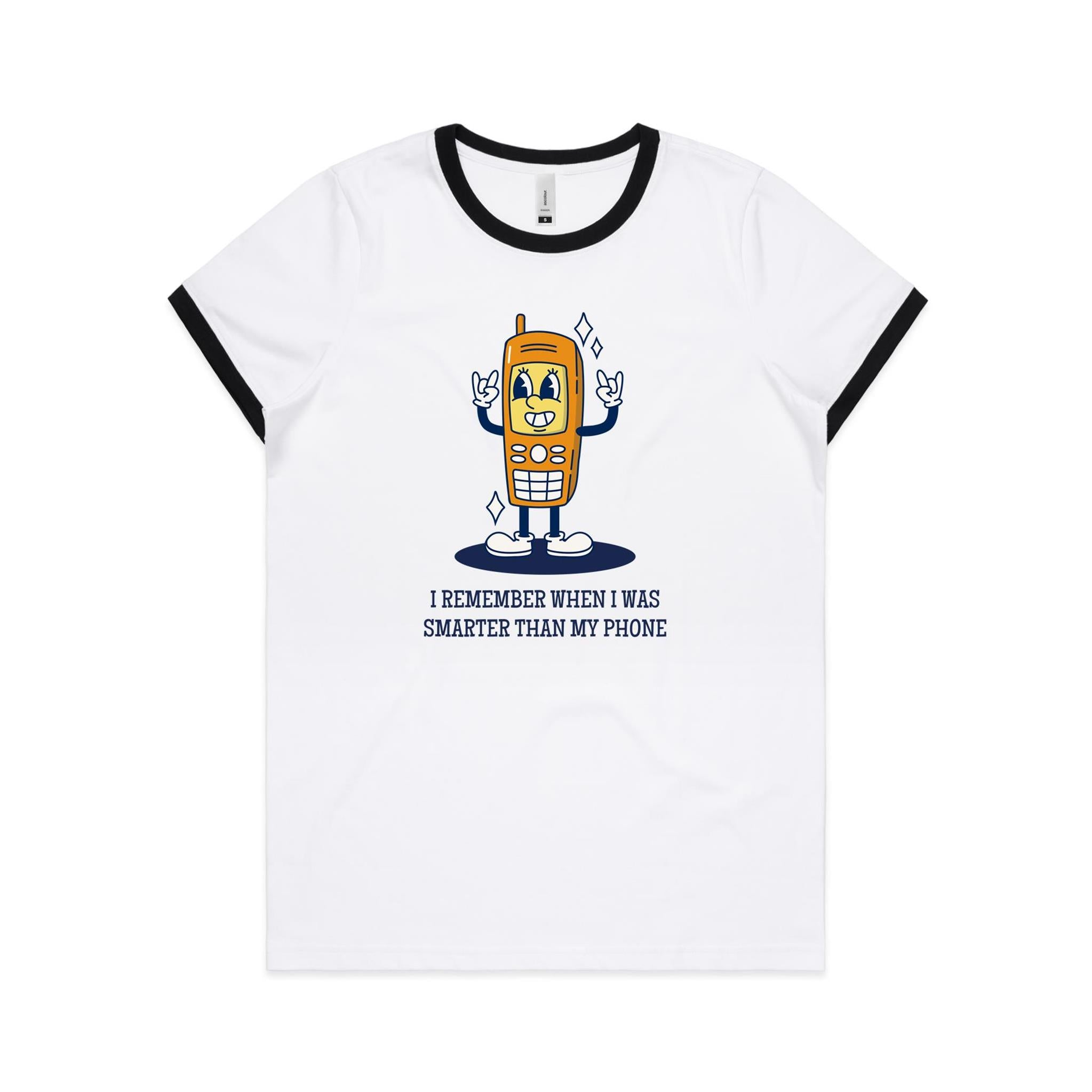 I Remember When I Was Smarter Than My Phone - Women's Ringer Tee White Black Womens Ringer T-shirt Printed In Australia Retro Tech