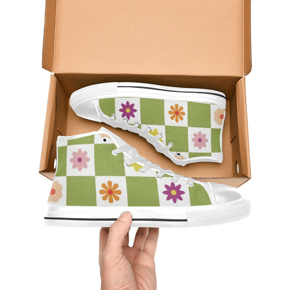 Flower Check Kids High Top Canvas Shoes Kids High Top Canvas Shoes Plants Printed Offshore