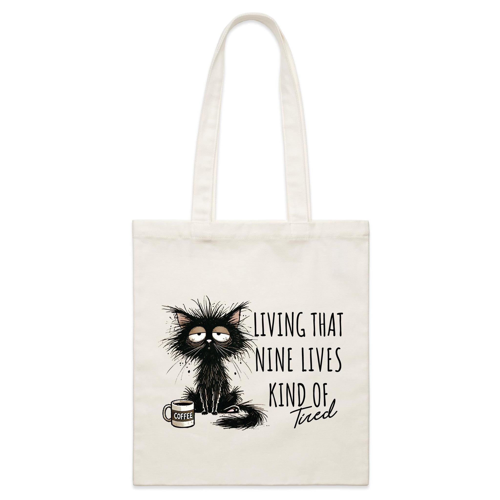 Living That Nine Lives Kind Of Tired, Frazzled Cat - Parcel Canvas Tote Bag Default Title Small Tote Bag animal Coffee Printed In Australia