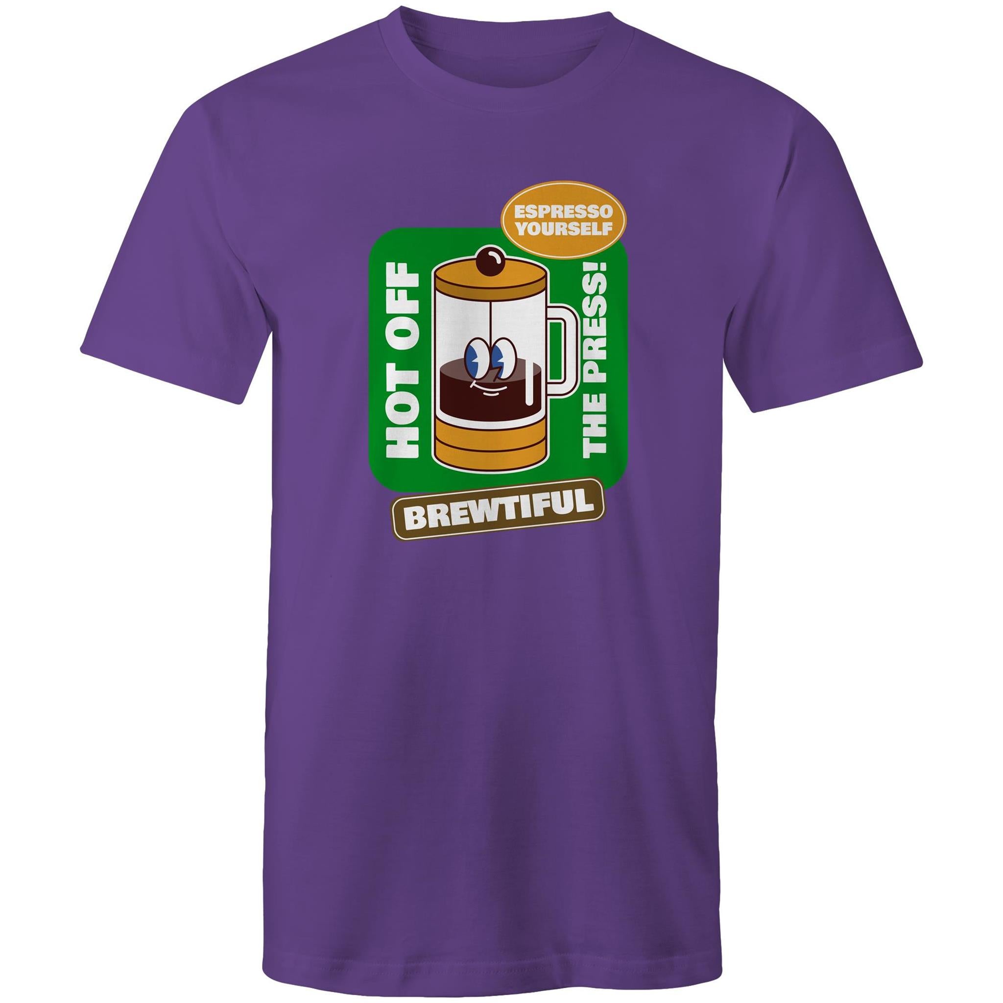 Brewtiful, Coffee Plunger, Espresso Yourself - Mens T-Shirt Purple Mens T-shirt Coffee Printed In Australia