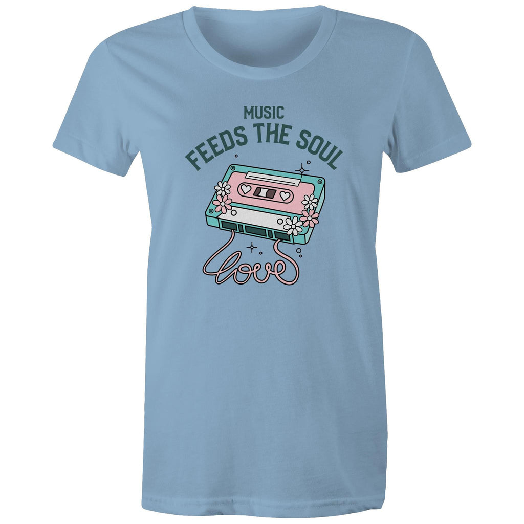 Music Feeds The Soul, Cassette Tape - Womens T-shirt Carolina Blue Womens T-shirt Music Printed In Australia