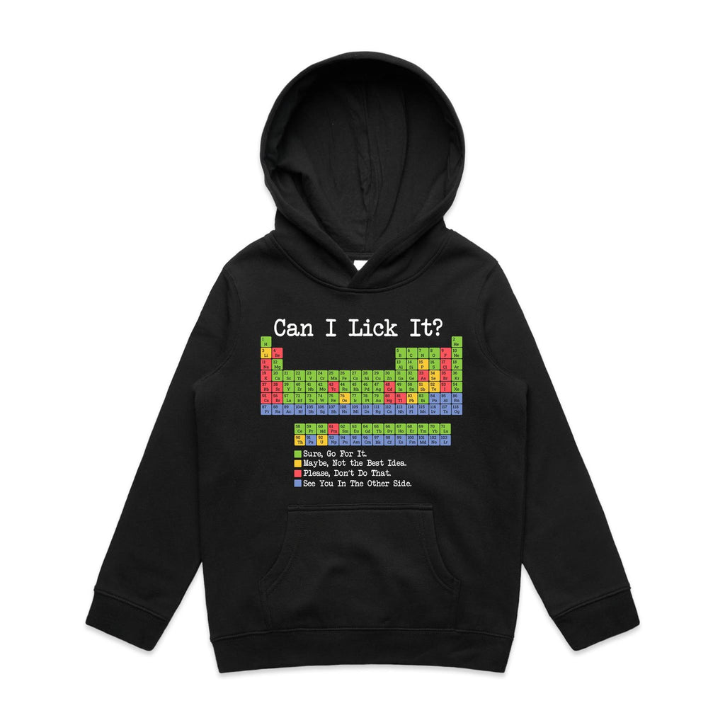 Periodic Table, Can I Lick It Kid's AS Colour Hoodie Black Kids Hoodie Printed In Australia Science