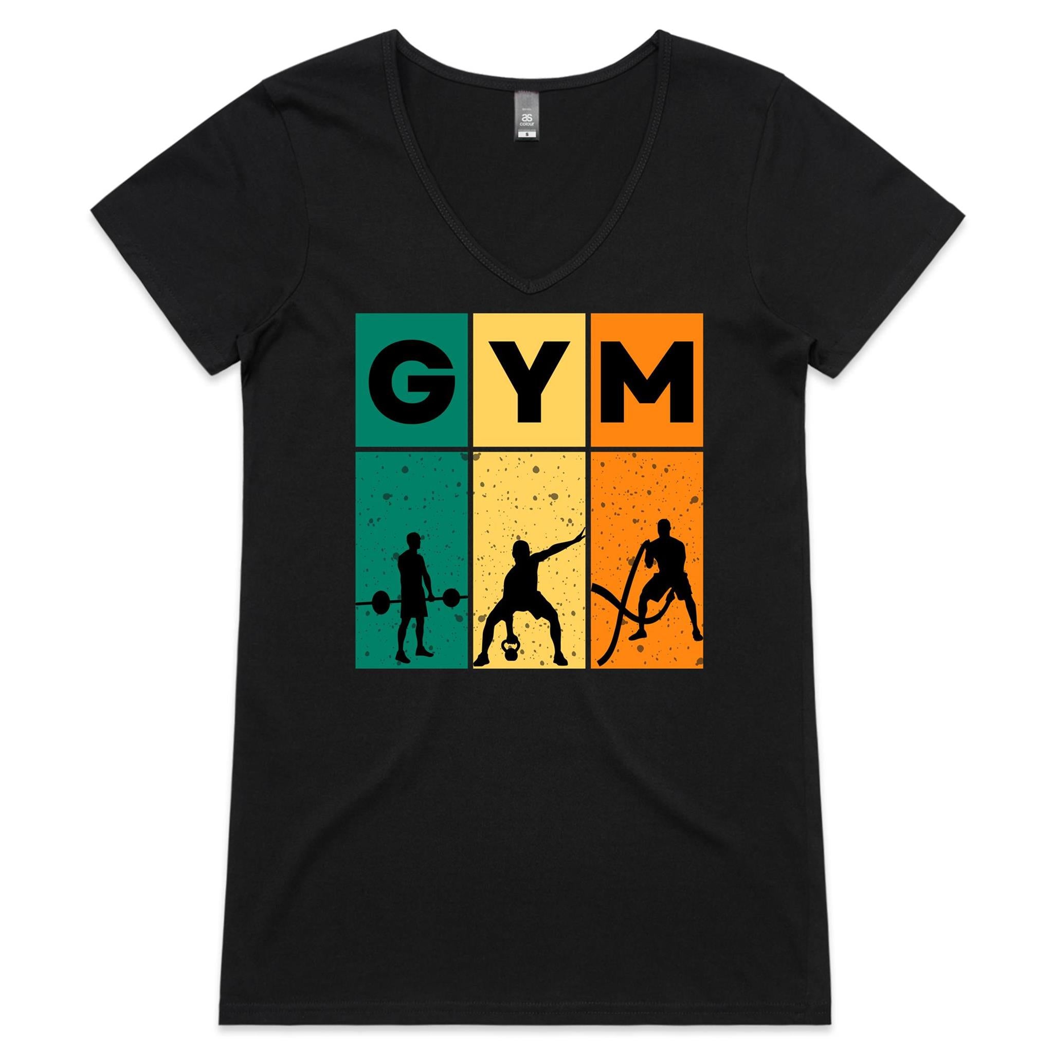 Gym - Womens V-Neck T-Shirt Black Womens Active V-Neck T-shirt Fitness Printed In Australia