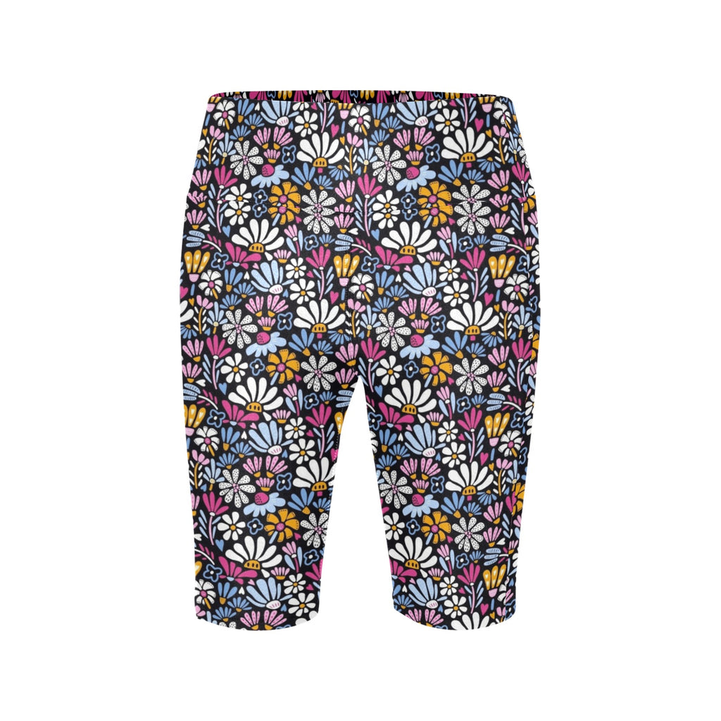 Graphic Flowers On Black Women's Bike Shorts With Side Pockets Women's Bike Shorts Plants Printed Offshore