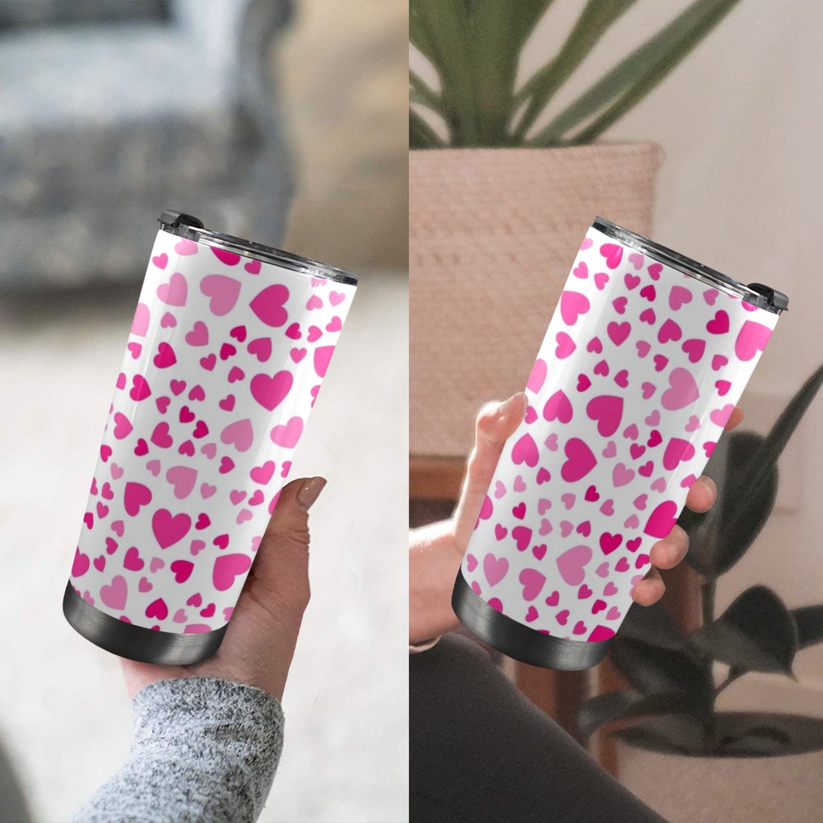 Pink Hearts On White - 20oz Mobile Tumbler with Lid (Black Lock)