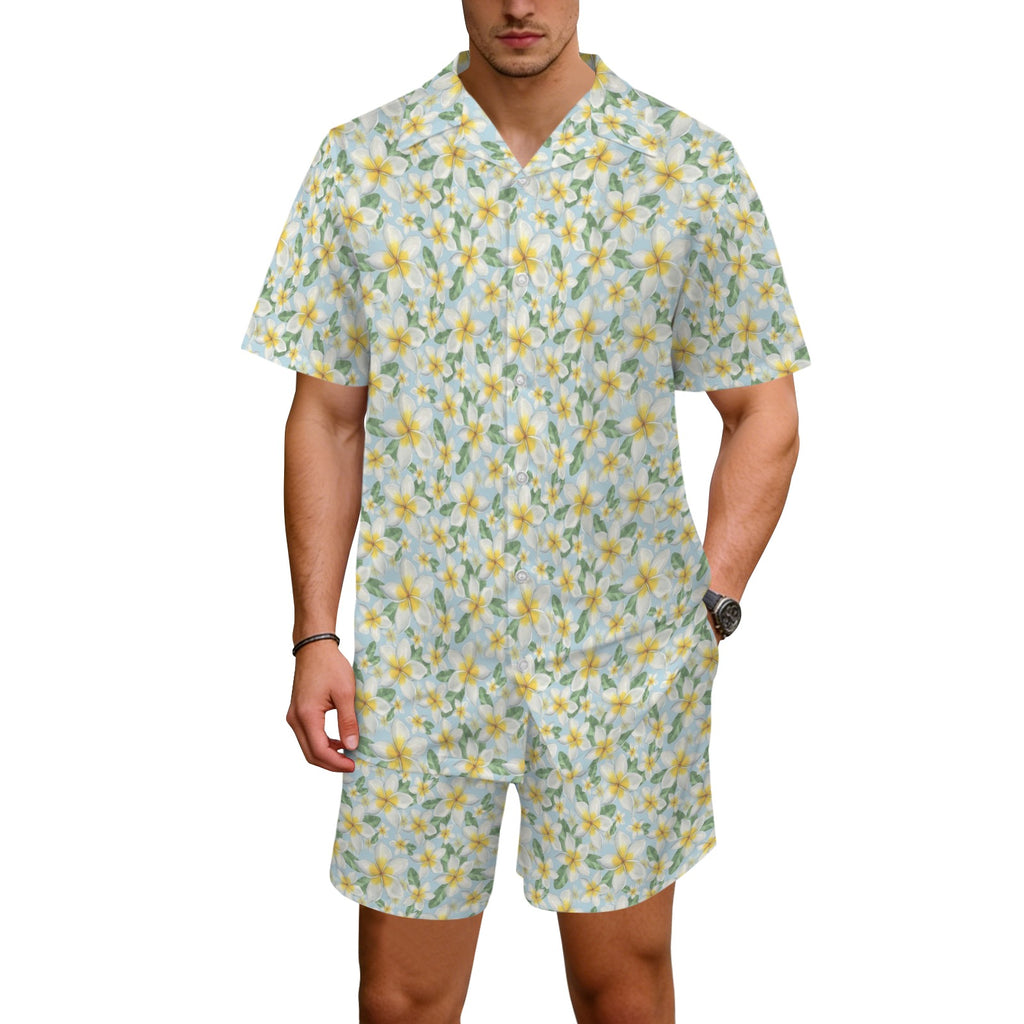 Delicate Frangipani Men's Hawaiian Shirt & Shorts Set Men's Hawaiian Shirt & Shorts Set Plants Printed Offshore