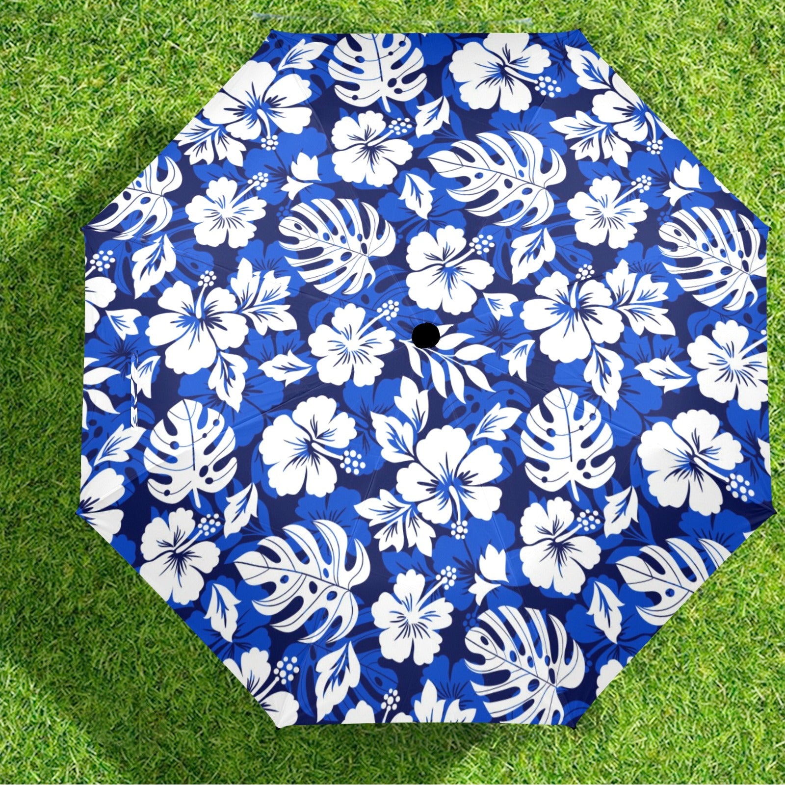 Blue Hawaiian Floral - Semi-Automatic Foldable Umbrella (Model U12) Semi-Automatic Foldable Umbrella (U12)