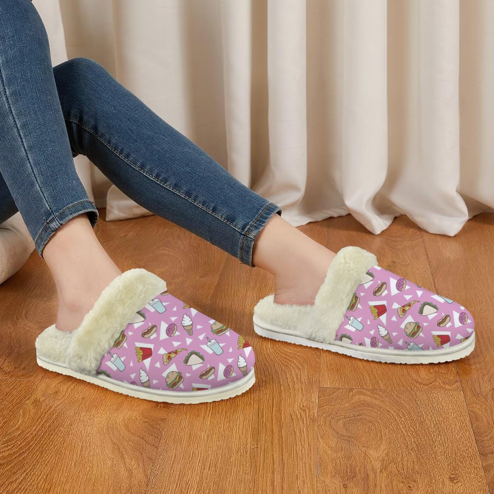 Fast Food Women's Fur Trim Thick-Sole Indoor Slippers Women's Fur Trimmed Slippers Food Printed Offshore