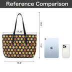 Round Pizzas On Black PU Leather Tote Bag Large Leather Tote Bag-Large Food Printed Offshore