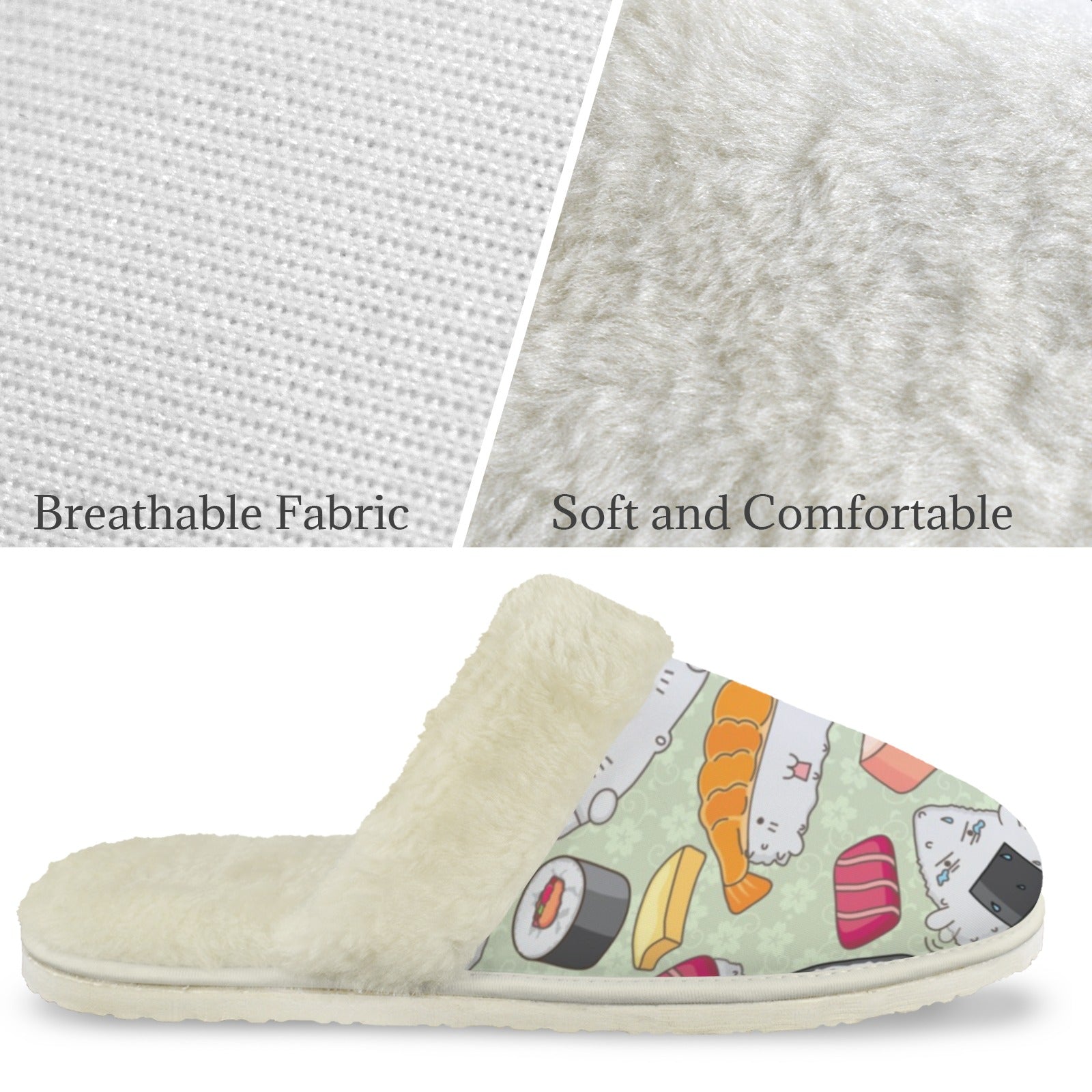Funny Sushi Men's Fur Trim Thick-Sole Indoor Slippers Men's Fur Trimmed Slippers Food Printed Offshore
