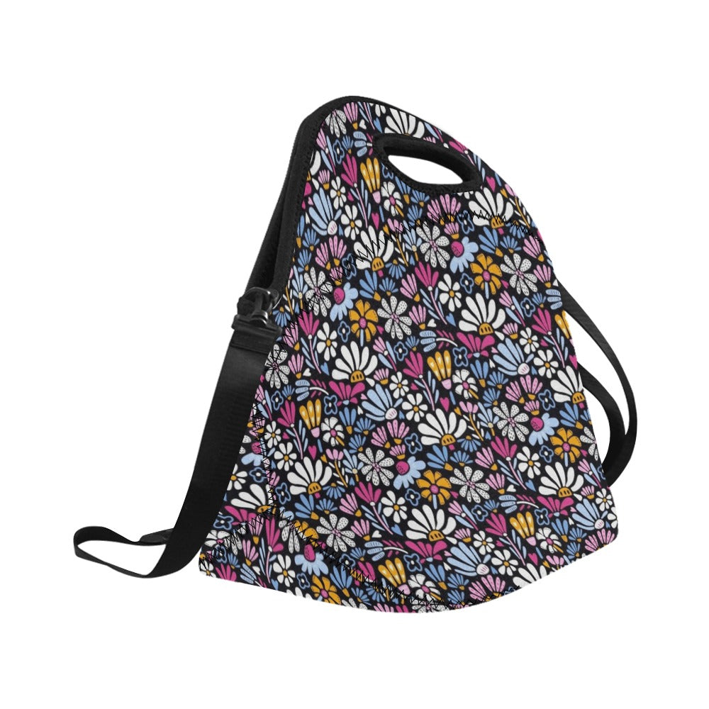 Graphic Flowers On Black Neoprene Lunch Bag/Large (Model 1669) Neoprene Lunch Bag Plants Printed Offshore