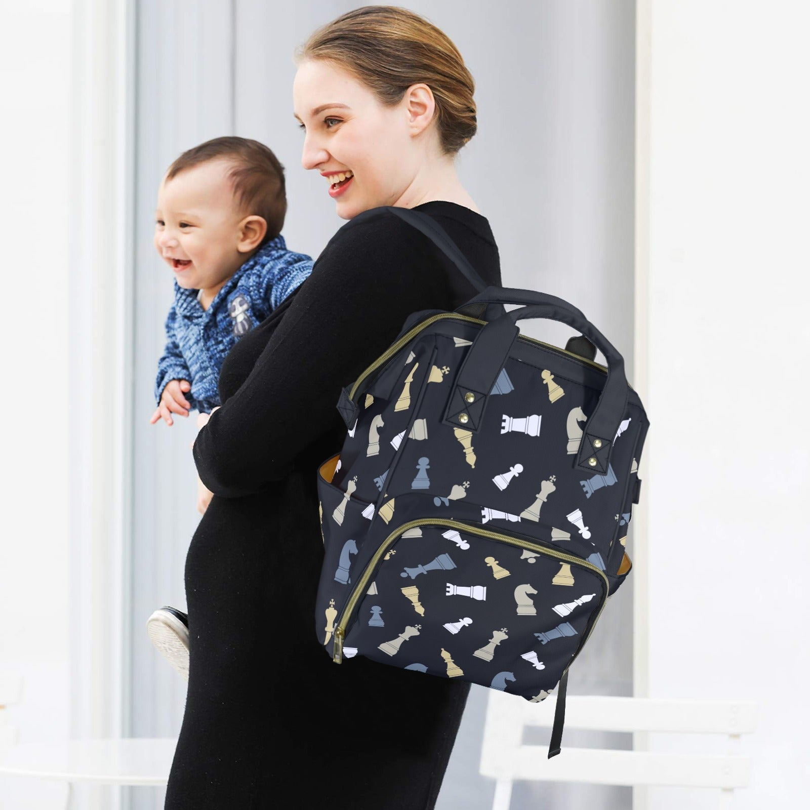 Chess Pattern - Multi-Function Backpack, Nappy / Diaper Bag