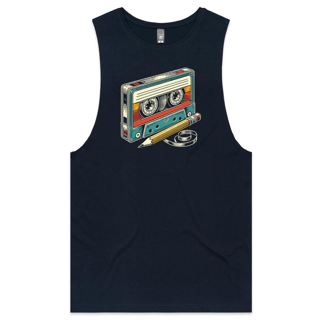 Cassette Tape And Pencil - Mens Tank Top Tee Navy Drop Arm Tank Top Music Printed In Australia Retro