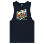 Cassette Tape And Pencil - Mens Tank Top Tee Navy Drop Arm Tank Top Music Printed In Australia Retro