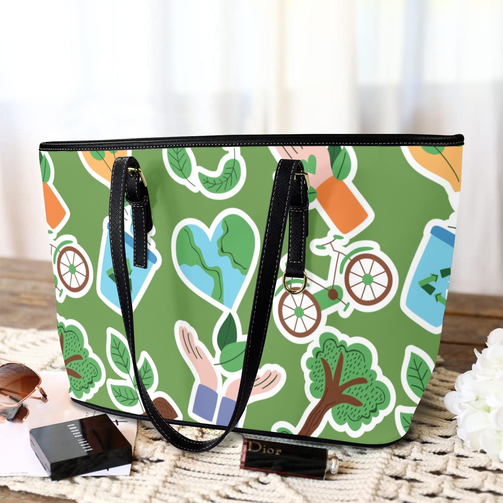 Earth Stickers - Leather Tote Bag-Large