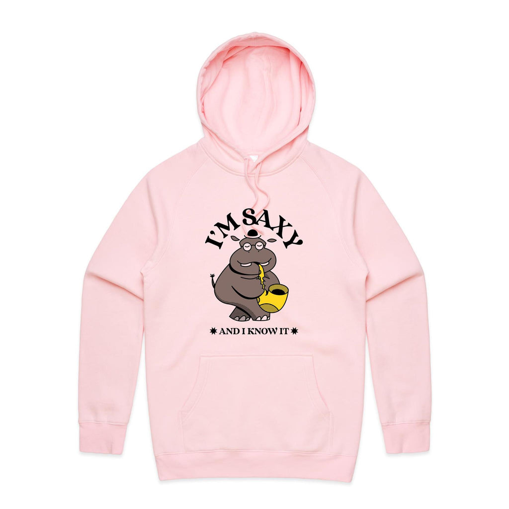 I'm Saxy And I Know It, Hippo Saxophone Player - Mens Hoodie Pink Mens Hoodie animal Music Printed In Australia