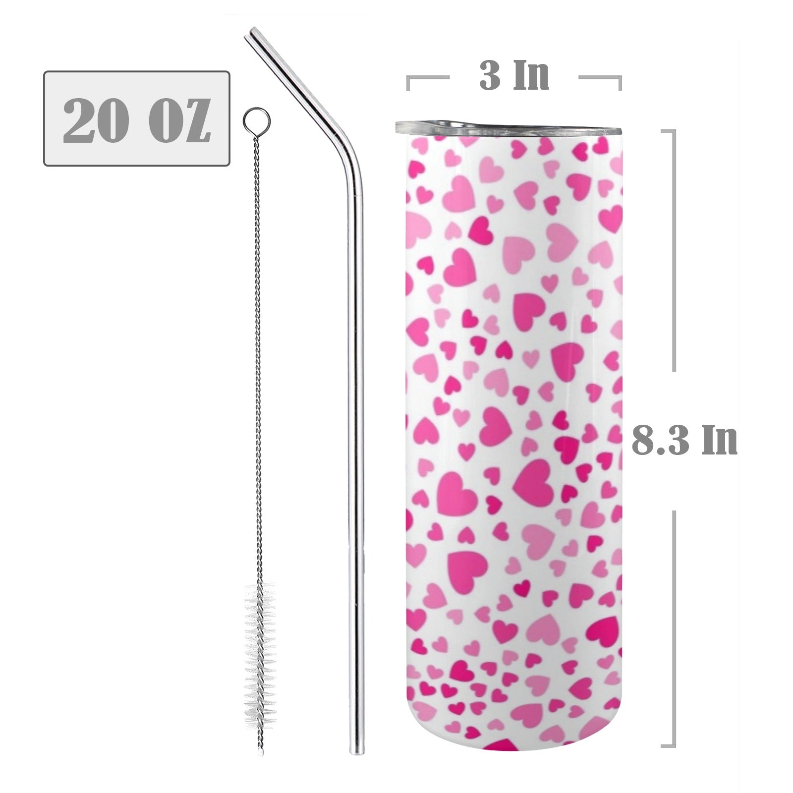 Pink Hearts On White - 20oz Tall Skinny Tumbler with Lid and Straw