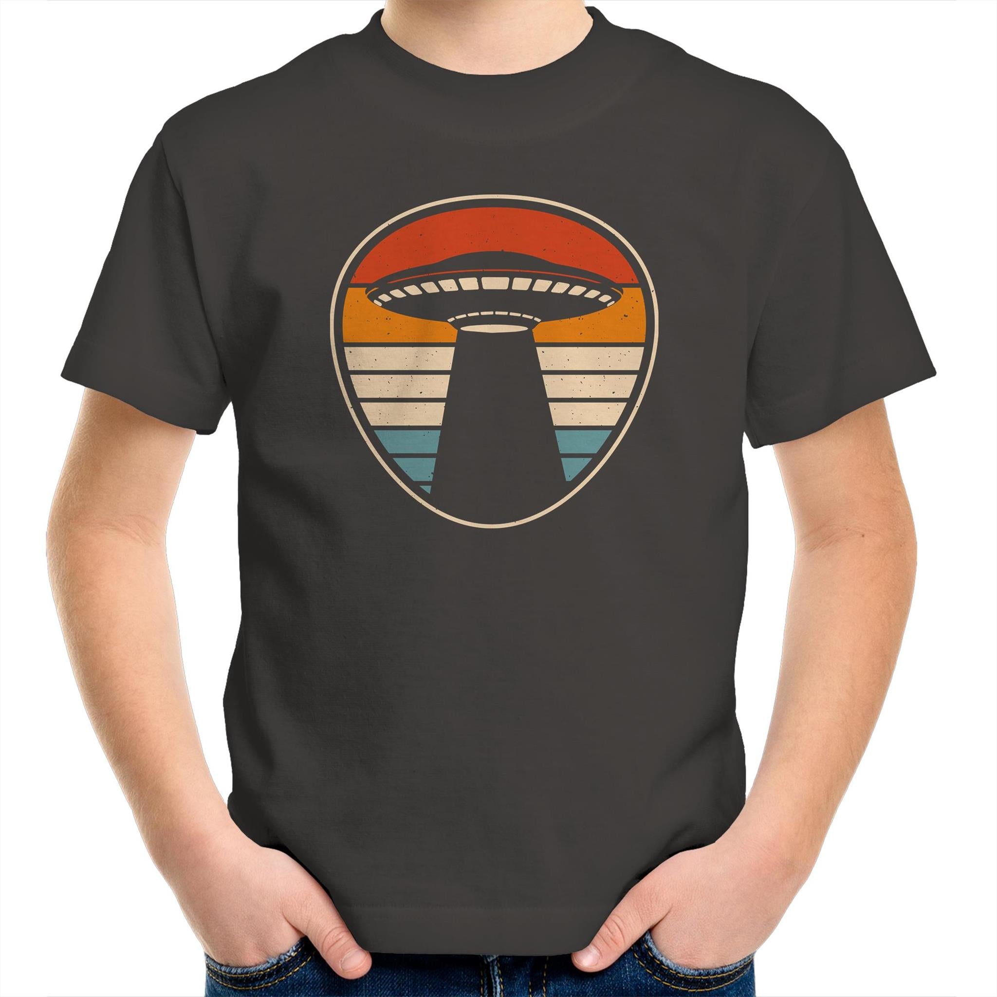 UFO, Retro Stripes - Kids Youth T-Shirt Charcoal Kids Youth T-shirt Printed In Australia