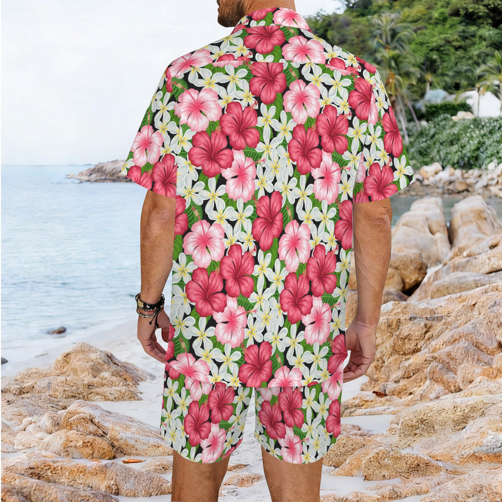 Hibiscus Men's Hawaiian Shirt & Shorts Set Men's Hawaiian Shirt & Shorts Set Plants Printed Offshore