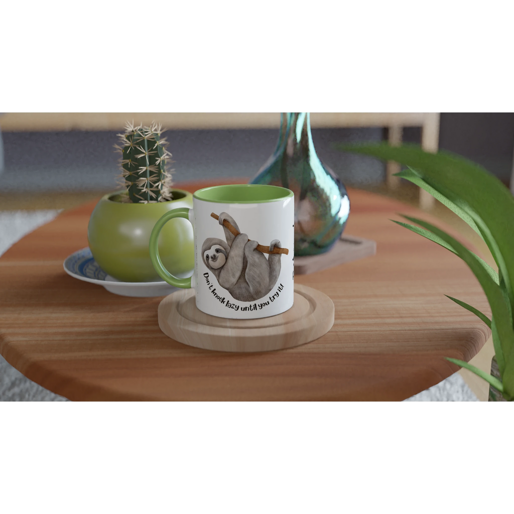 Personalise - Sloth, Don't Knock Lazy Until You Try It - White 11oz Ceramic Mug Personalised Mug animal customise Funny Globally Fulfilled personalise
