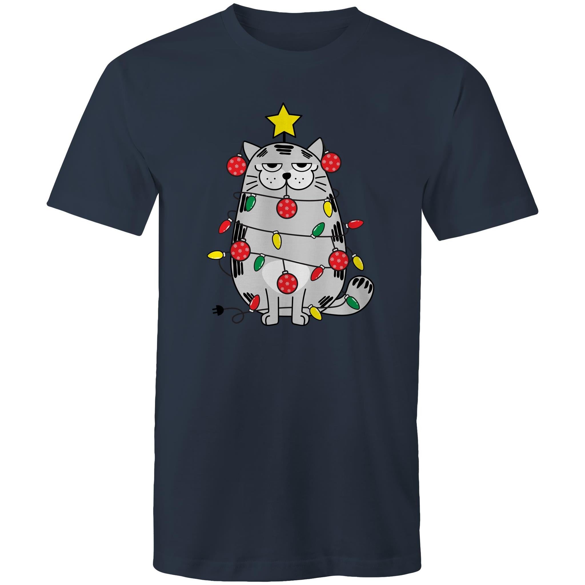 Christmas Cat - Mens T-Shirt Navy Mens Christmas T-shirt Christmas Printed In Australia