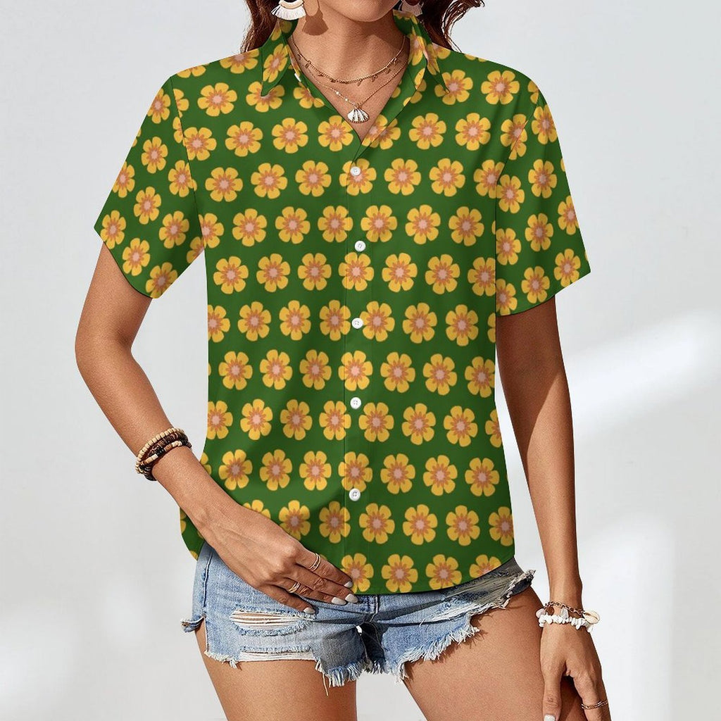 Yellow Flowers On Green Women's Collared Pocketless Short Sleeve Shirt