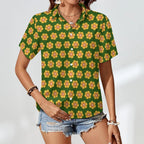 Yellow Flowers On Green Women's Collared Pocketless Short Sleeve Shirt