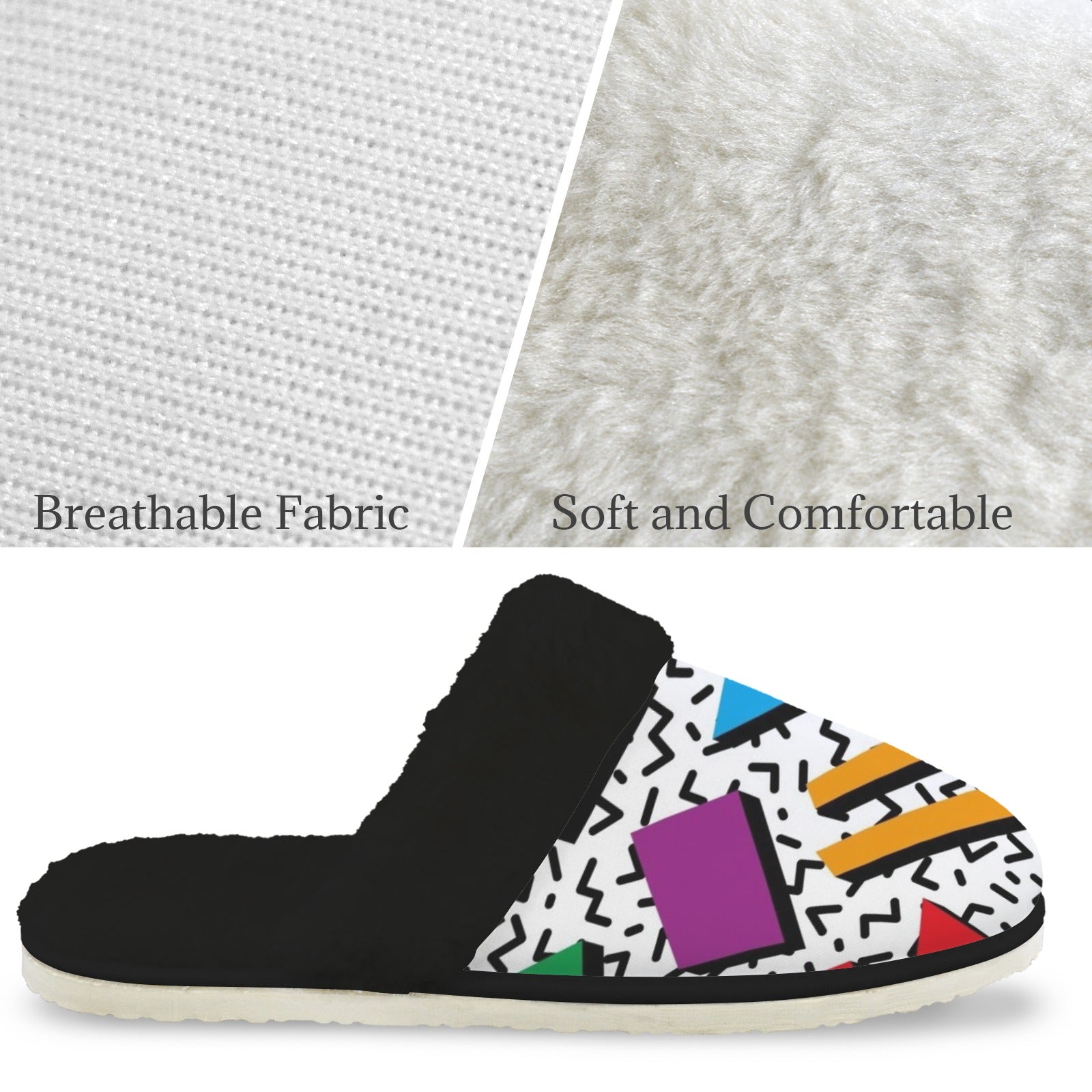 80's Abstract - Men's Fur Trim Thick-Sole Indoor Slippers Men's Fur Trimmed Slippers Printed Offshore Retro