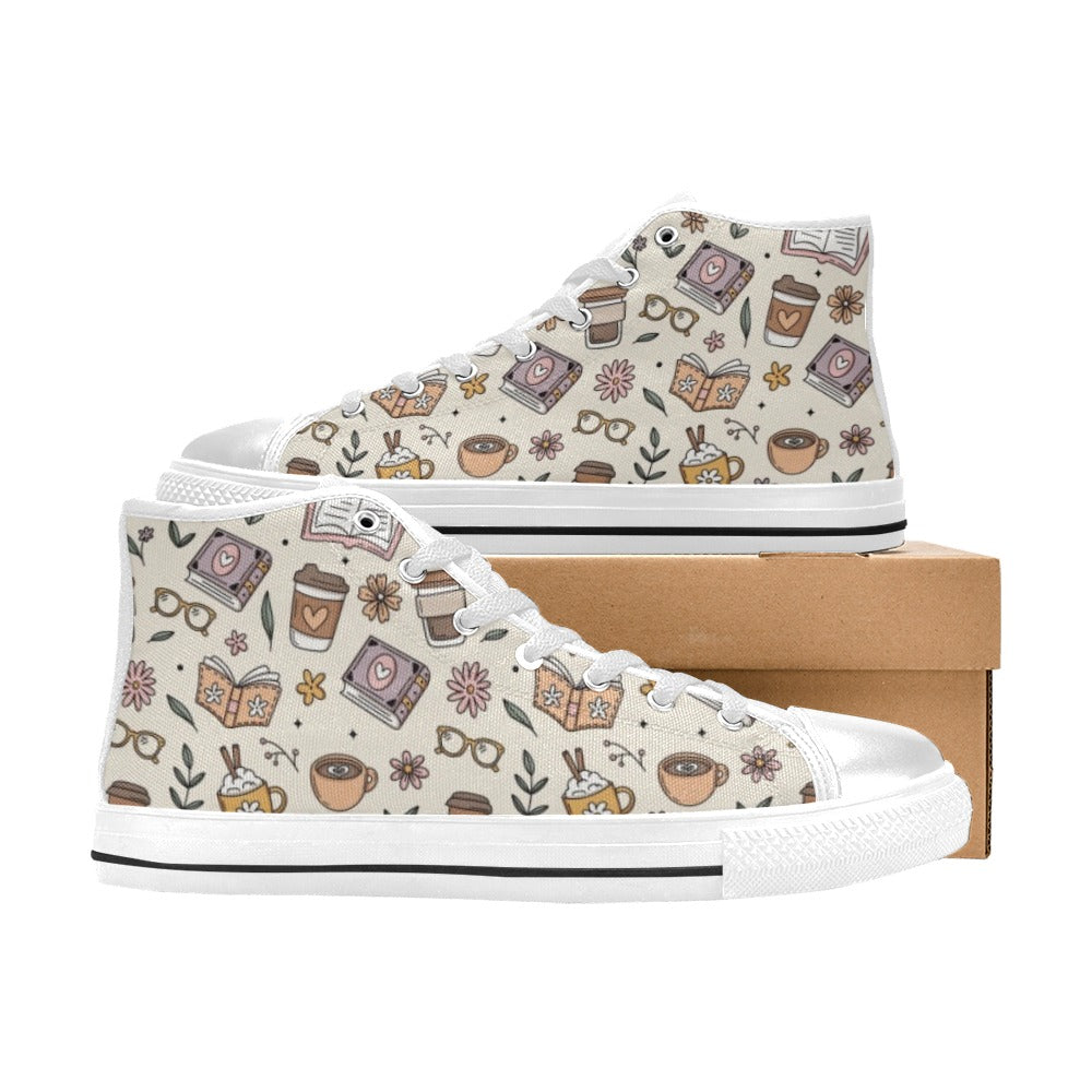 Books And Coffee Women's High Top Canvas Shoes Womens Classic High Top Shoes Coffee Printed Offshore Reading