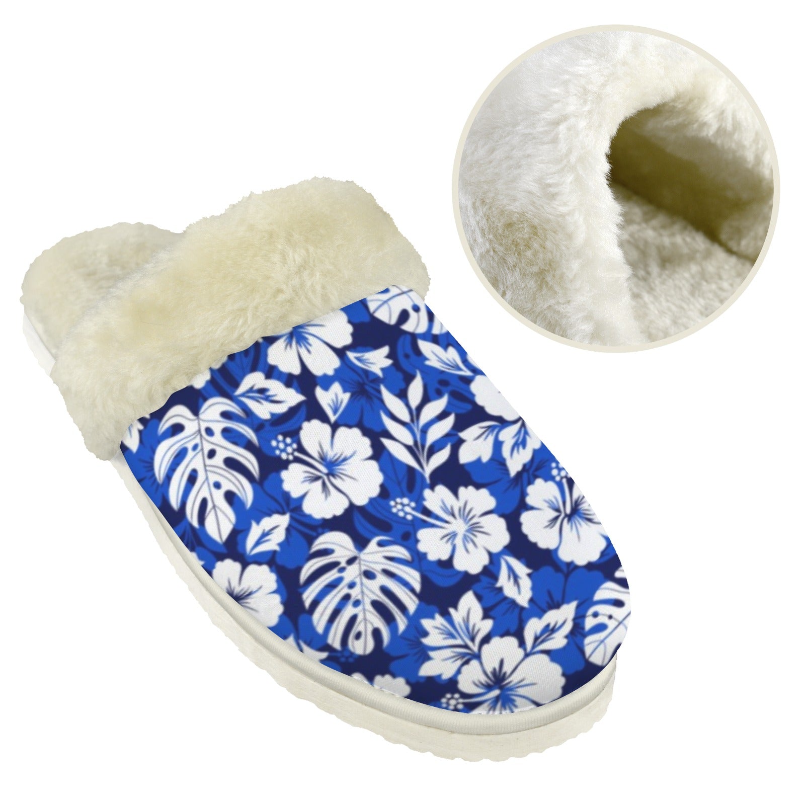 Blue Hawaiian Floral - Men's Fur Trim Thick-Sole Indoor Slippers Men's Fur Trimmed Slippers Plants Printed Offshore