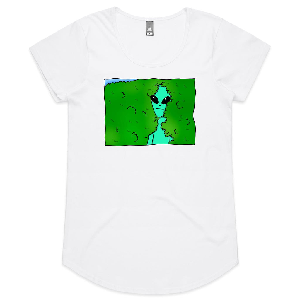 Alien Backing Into Hedge Meme - Womens Scoop Neck T-Shirt White Womens Scoop Neck T-shirt Printed In Australia Sci Fi