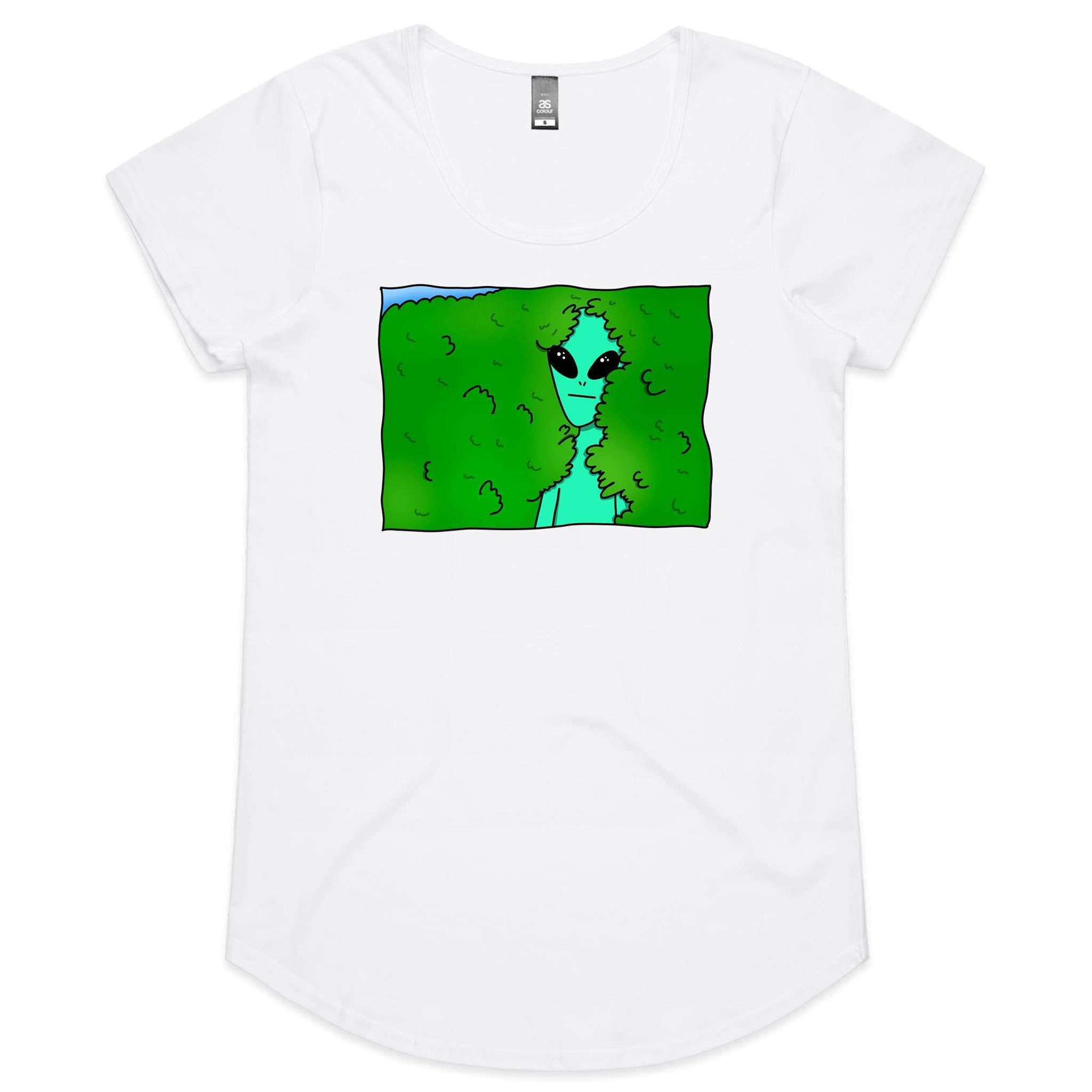 Alien Backing Into Hedge Meme - Womens Scoop Neck T-Shirt White Womens Scoop Neck T-shirt Printed In Australia Sci Fi