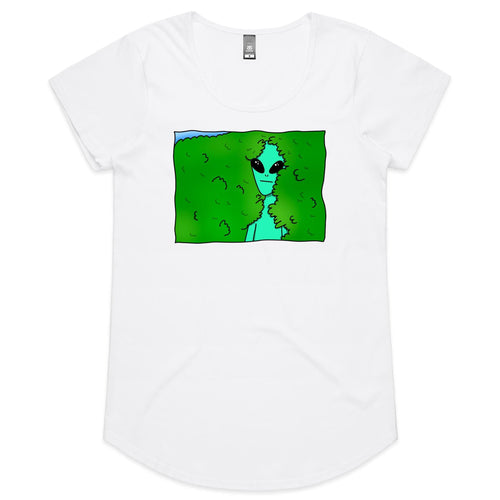 Alien Backing Into Hedge Meme - Womens Scoop Neck T-Shirt White Womens Scoop Neck T-shirt Printed In Australia Sci Fi